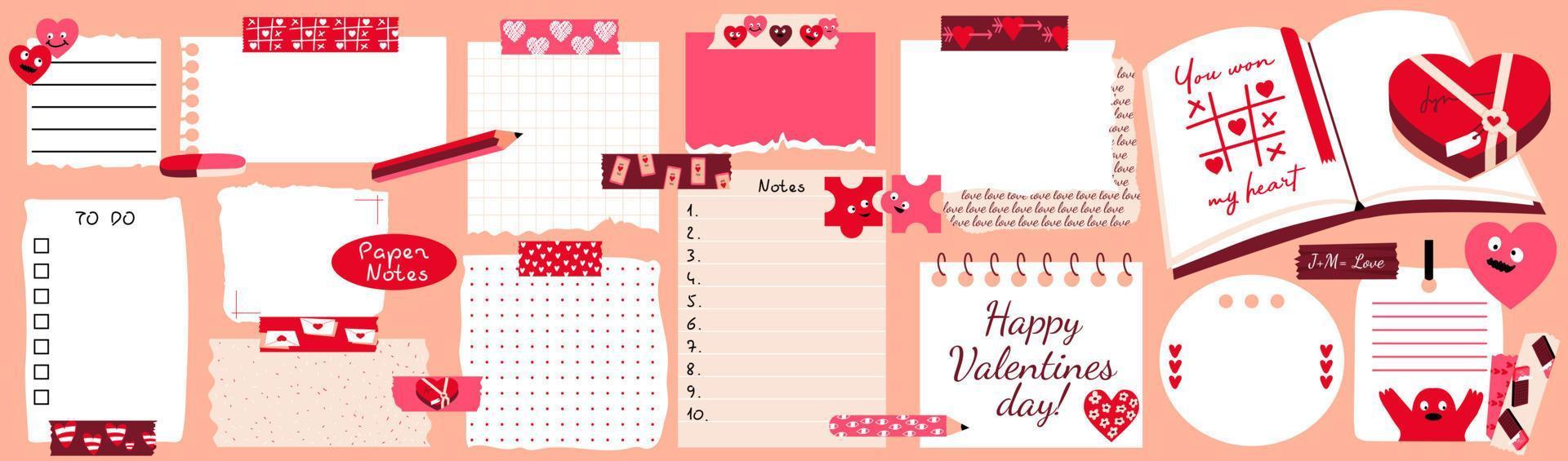 Paper notes with washi tapes. Valentines Day concept. Set with blank Paper sticky notes for to do list, reminders, scheduler. Pencils, funny forms, hearts. Vector illustration.