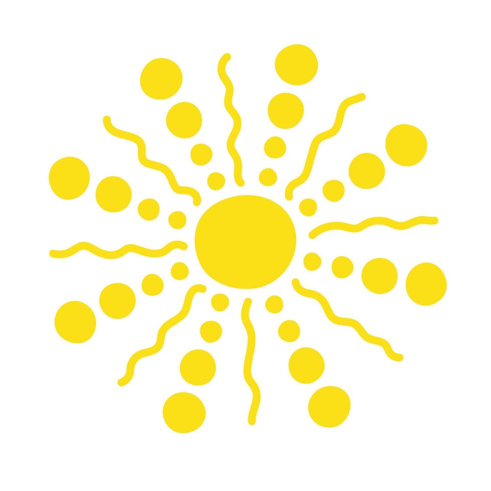 Simple yellow sun vector flat illustration with round shape middle, cute summer image for making cards, decor, vacation concept and holiday and summertime design for children