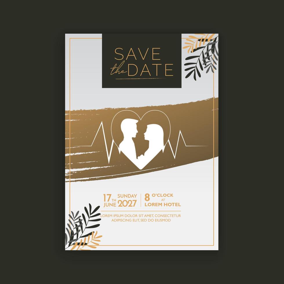 Luxury wedding invitation card background with Couple Heart golden leaves Green Gold Color vector