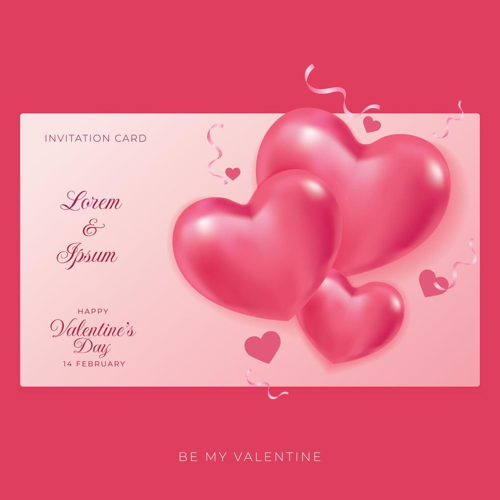 plantilla de tarjeta de diseño de san valentín con estilo de corazón realista color rojo rosa vector