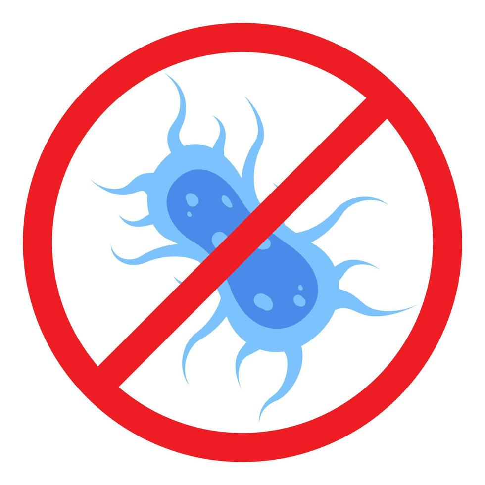 Antibacterial defence icon. Stop bacteria and viruses prohibition sign. Antiseptic. Blue bacteria in the red crossed-out circle. Vector illustration.