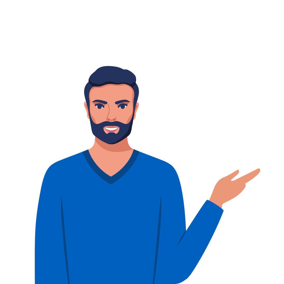 el hombre feliz apunta a algo. personaje para publicidad. chico muestra una dirección con una mano. ilustración vectorial en estilo de dibujos animados. vector