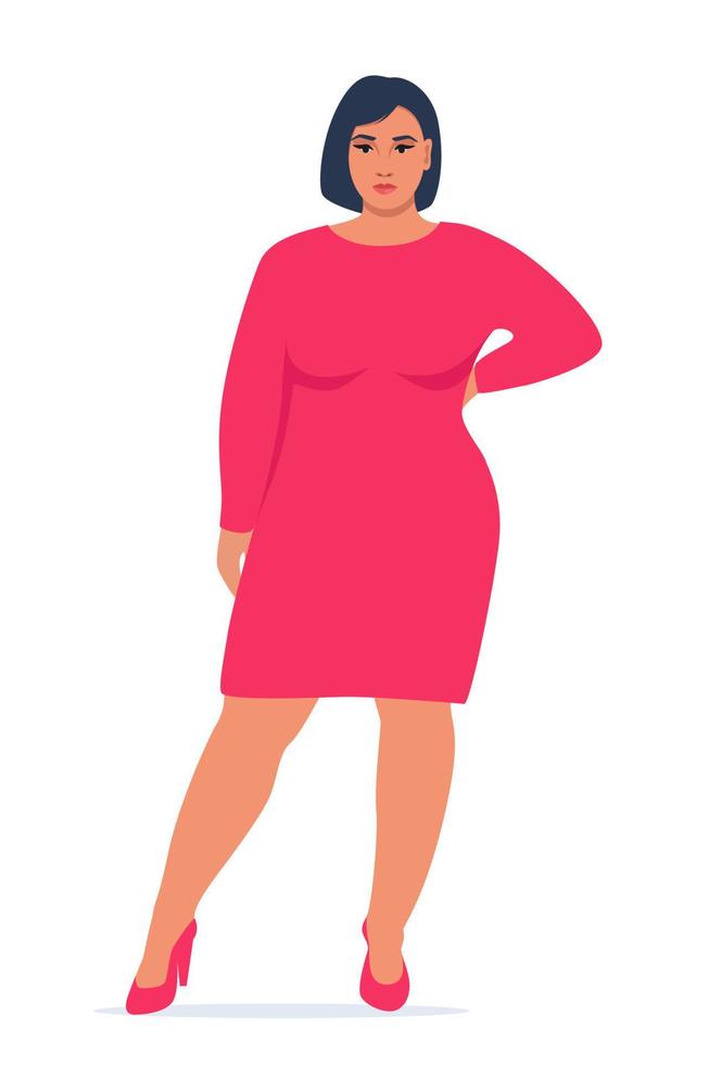 Body positive woman. Plus size female character. Attractive curvy, overweight girl. Oversize obesity, pretty large lady in beautiful fashionable clothes. Vector illustration.