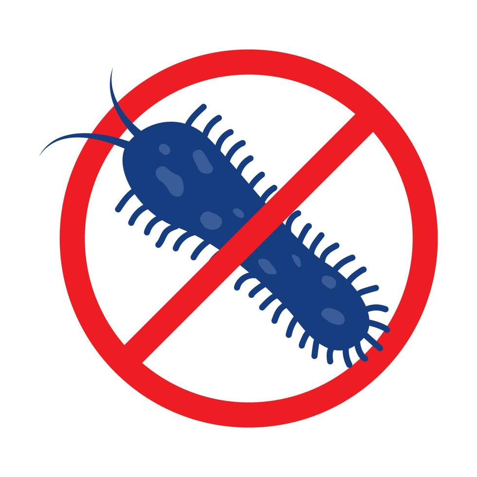 Antibacterial defence icon. Stop bacteria and viruses prohibition sign. Antiseptic. Bacteria in the red crossed-out circle. Vector illustration.