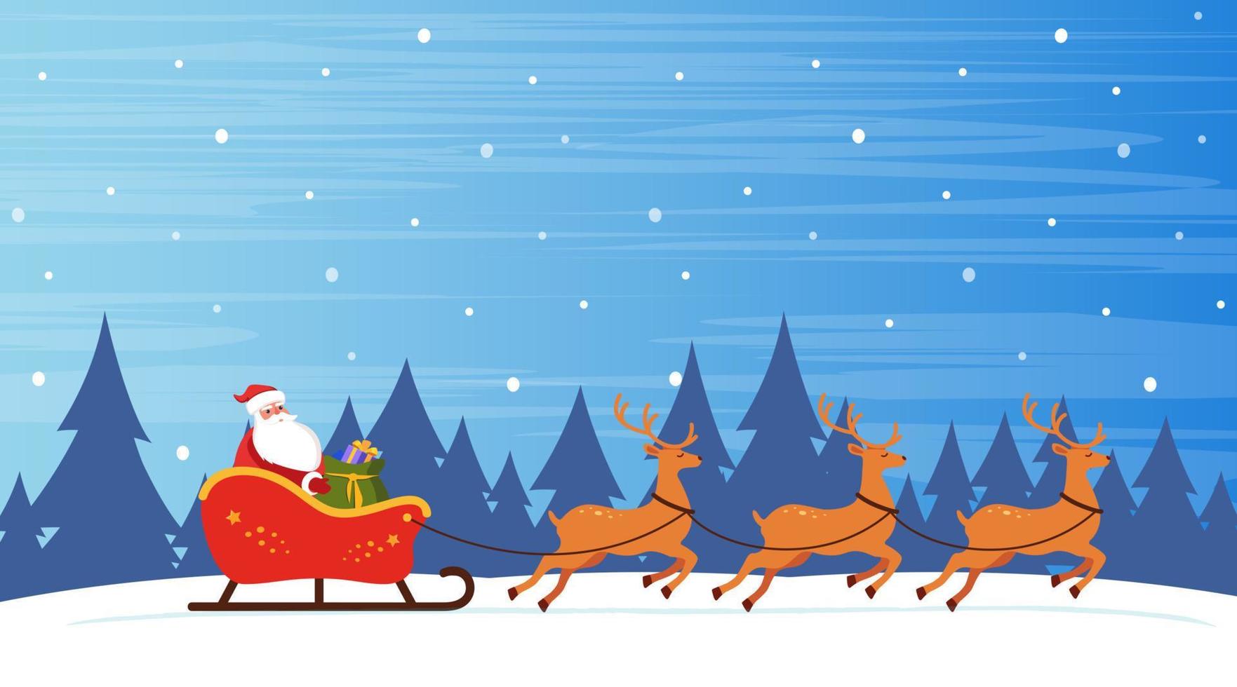 Santa Riding In Sledge With Reindeers on winter snowy background. Christmas Greeting card vector illustration.