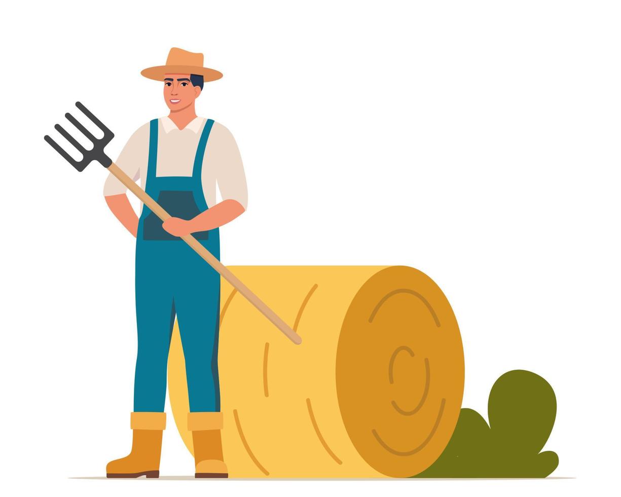 Man with pitchfork near haystack. Farmer prepares hay. Food for domestic animal. Yellow straw in haystack and agricultural equipment. Vector illustration.