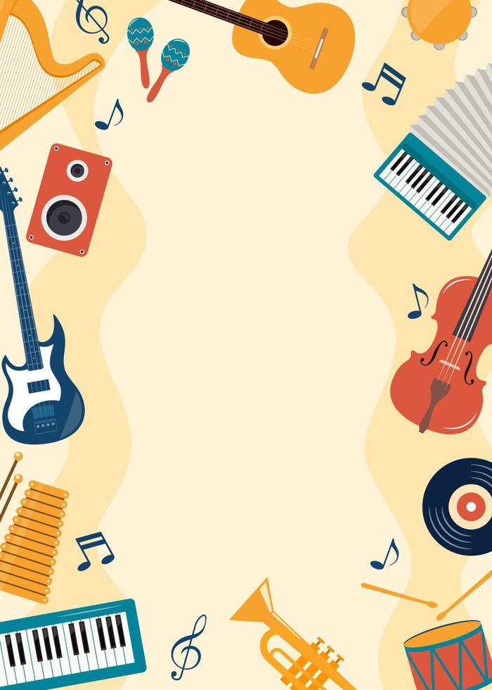 Musical flyer, poster, invitation template. Musical instruments and vinyl record. Guitar, synthesizer, violin, cello, drum, cymbals, saxophone, tambourine, harp. Vector illustration.