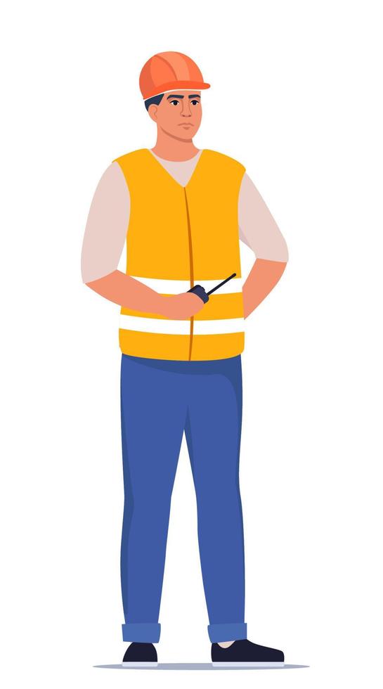 Builder or engineer standing in work clothes, orange protective helmet and holding radio in his hand. Engineer manages the construction process. Vector illustration.