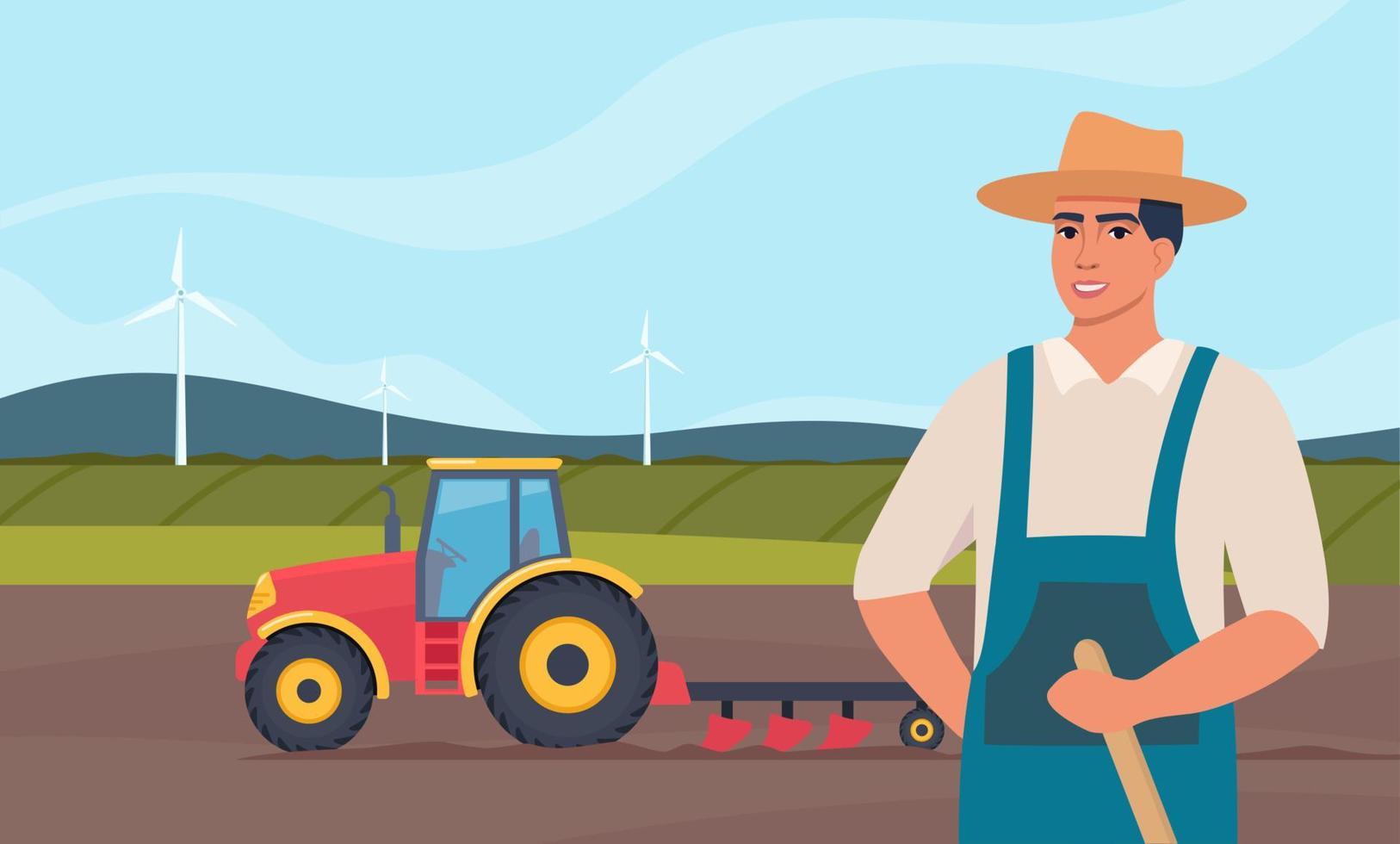 Tractor plowing the field and farmer stands in the foreground. Rural farm landscape. Agriculture concept. Farm Machine. Vector illustration.