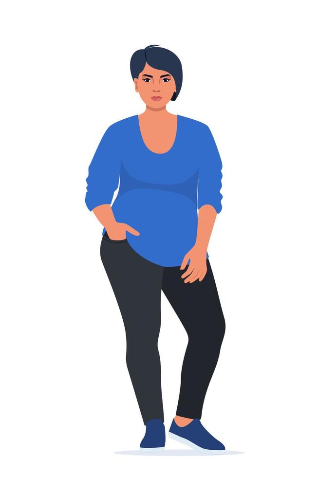 Body positive woman. Plus size female character. Attractive curvy, overweight girl. Oversize obesity, pretty large lady in beautiful fashionable clothes. Vector illustration.