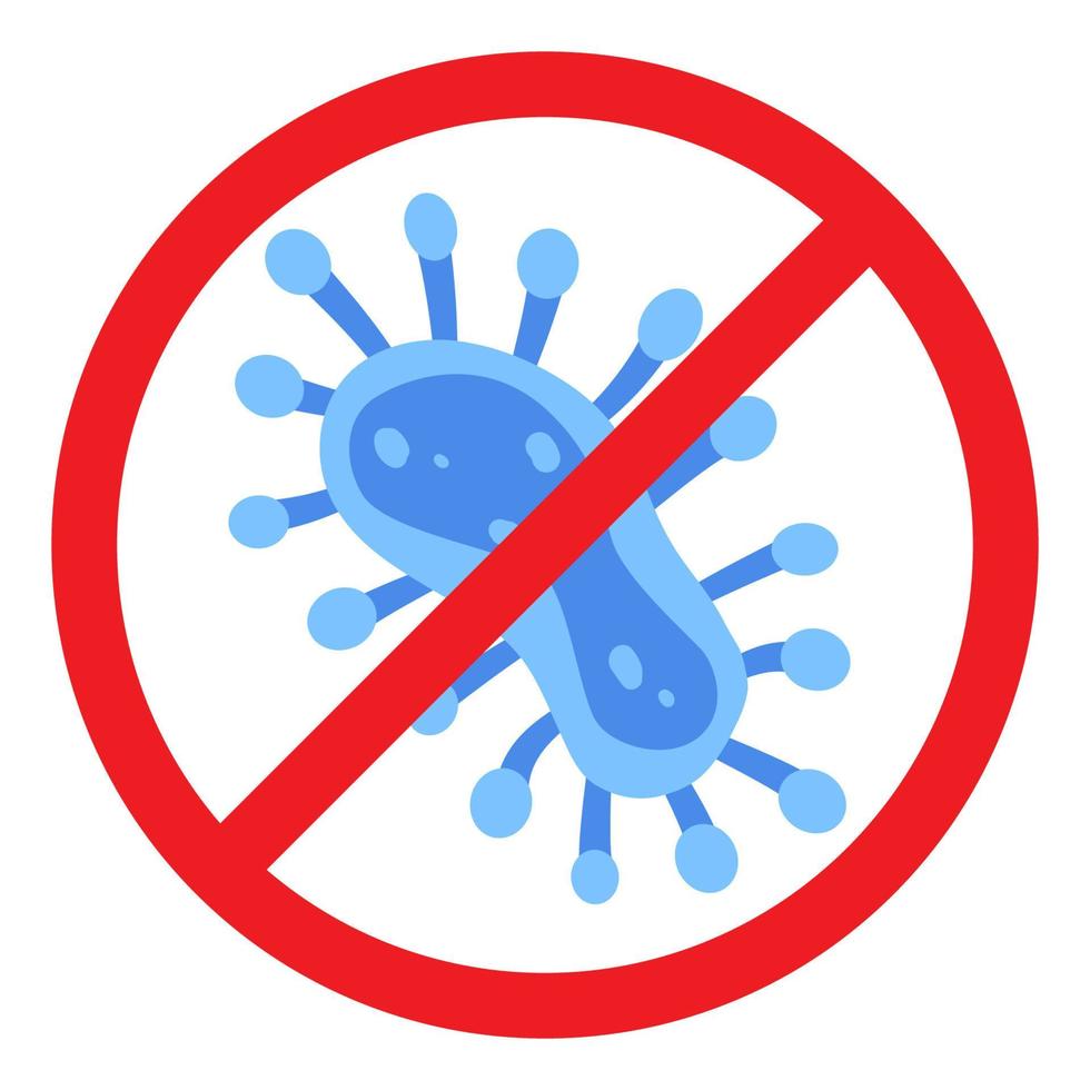 Antibacterial defence icon. Stop bacteria and viruses prohibition sign. Antiseptic. Blue bacteria in the red crossed-out circle. Vector illustration.