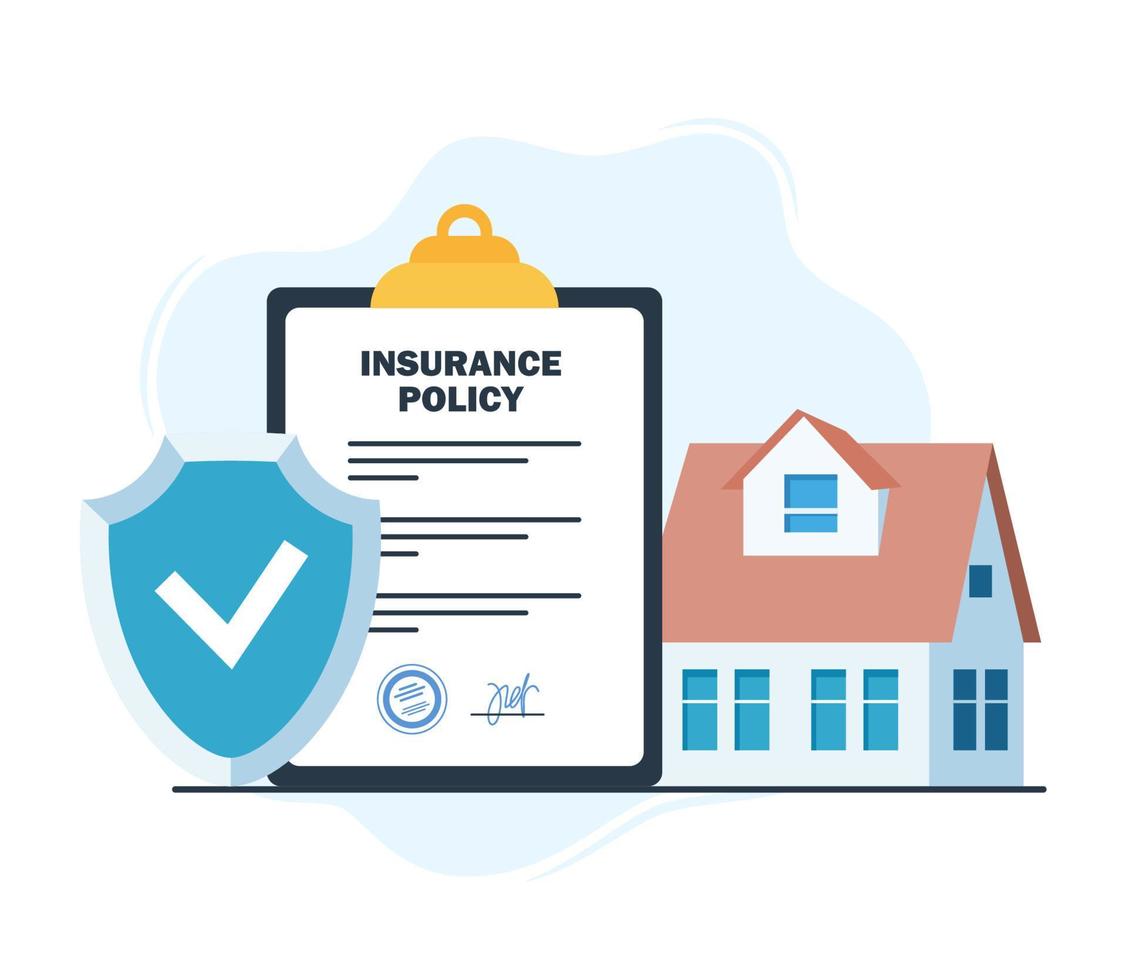 Real estate Insurance concept. Insurance policy on clipboard Safety security shield. House insurance business services. Residential home real estate protection. Vector illustration.