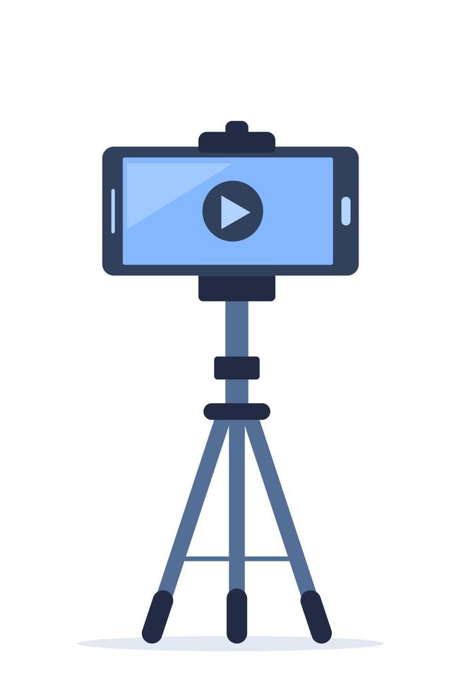 Smartphone with tripod for video streaming. Vector illustration.