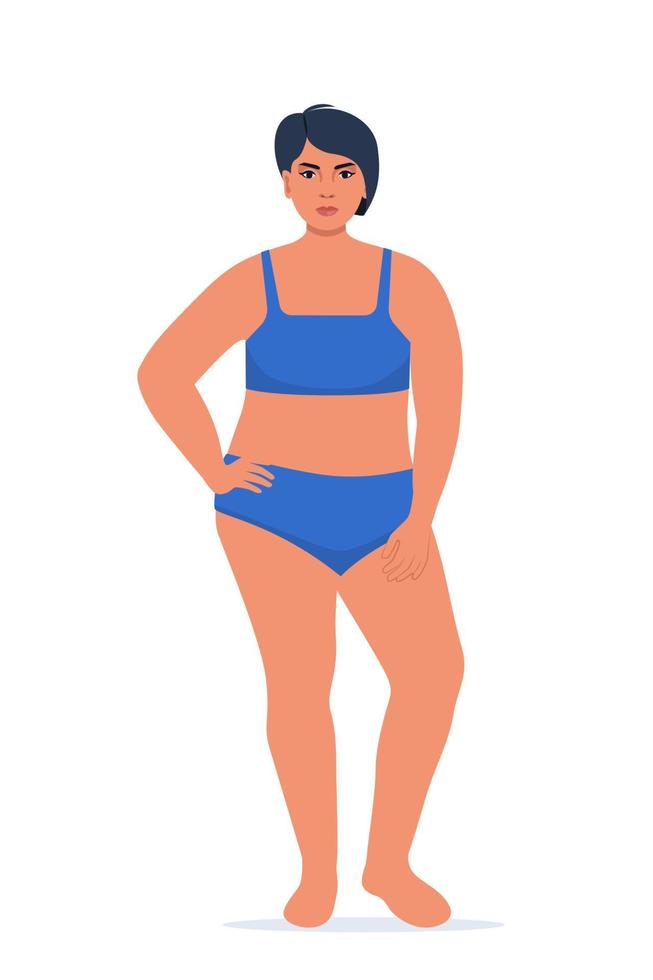 Body positive woman in underwear. Plus size female character. Attractive curvy, overweight girl. Oversize obesity, pretty large lady in beautiful fashionable clothes. Vector illustration.