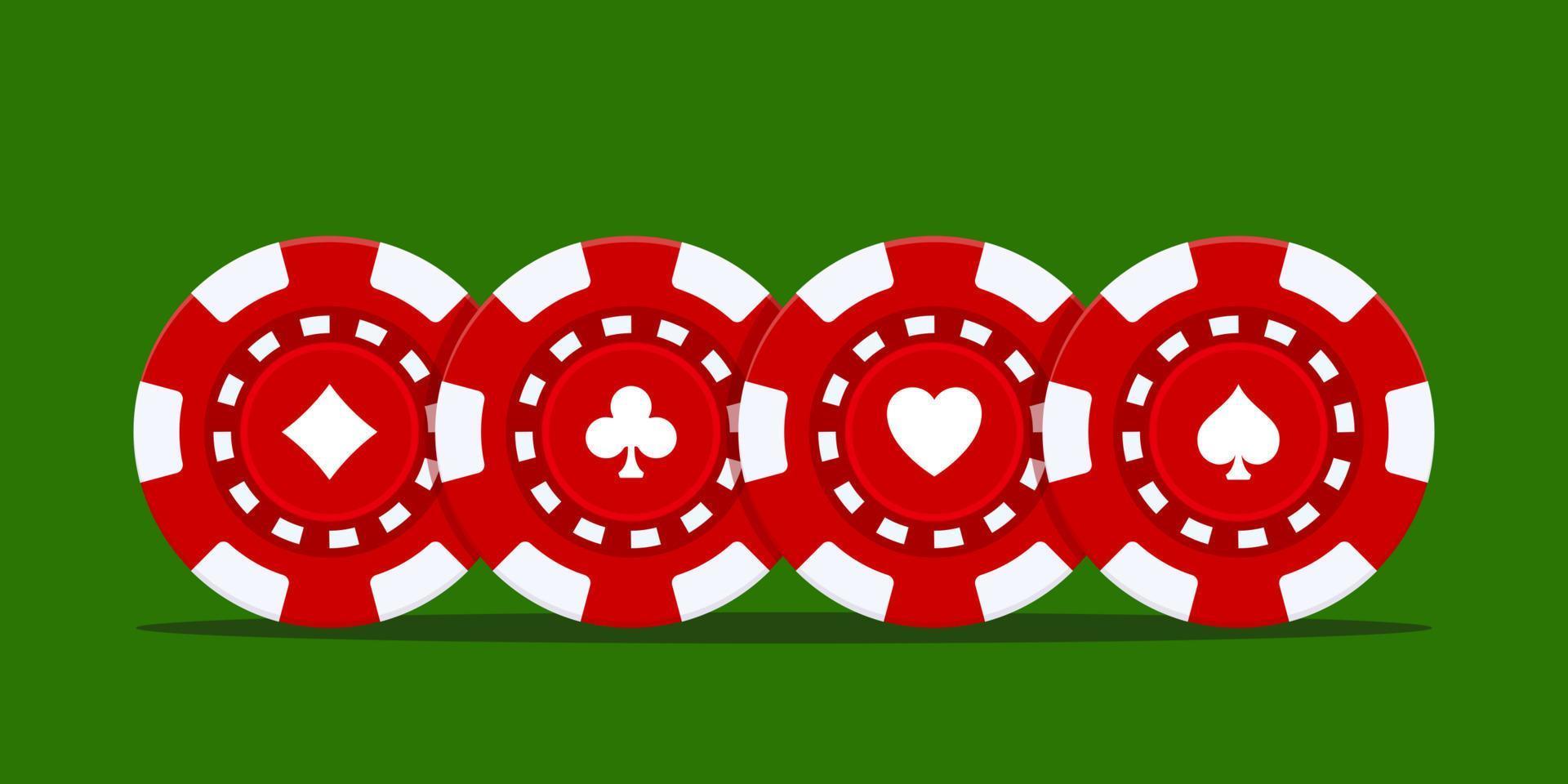 fichas de casino realistas sobre fondo verde. fichas de juego de póquer de casino rojo realista, monedas de plástico de juego. Fichas de fichas de jackpot para la ruleta. fichas de póquer vegas flip. ilustración vectorial vector