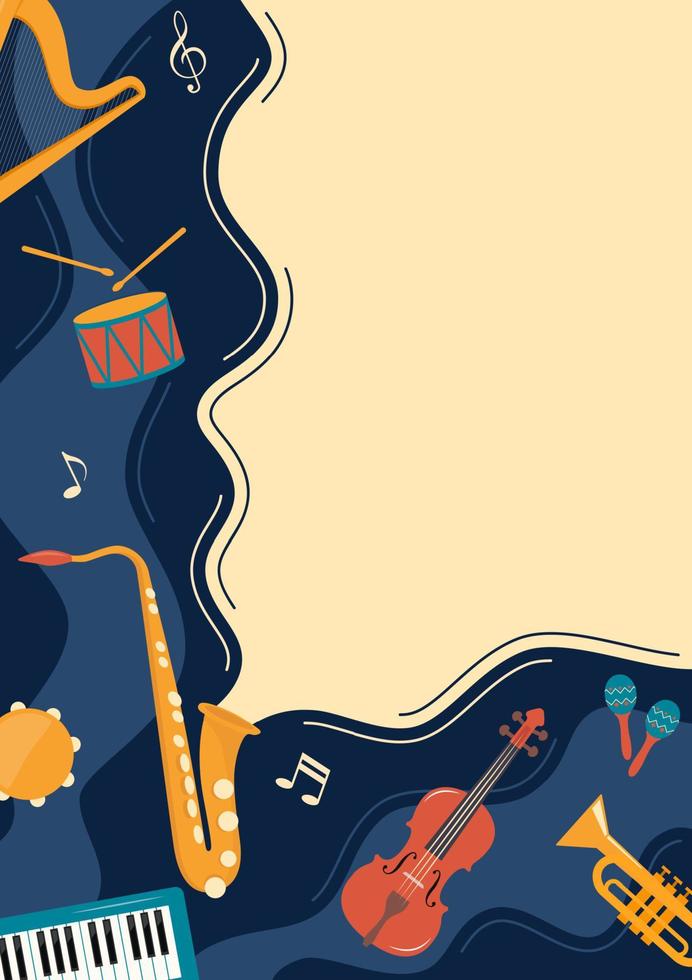 Musical flyer, poster, invitation template. Musical instruments and vinyl record. Guitar, synthesizer, violin, cello, drum, cymbals, saxophone, tambourine, harp. Vector illustration.