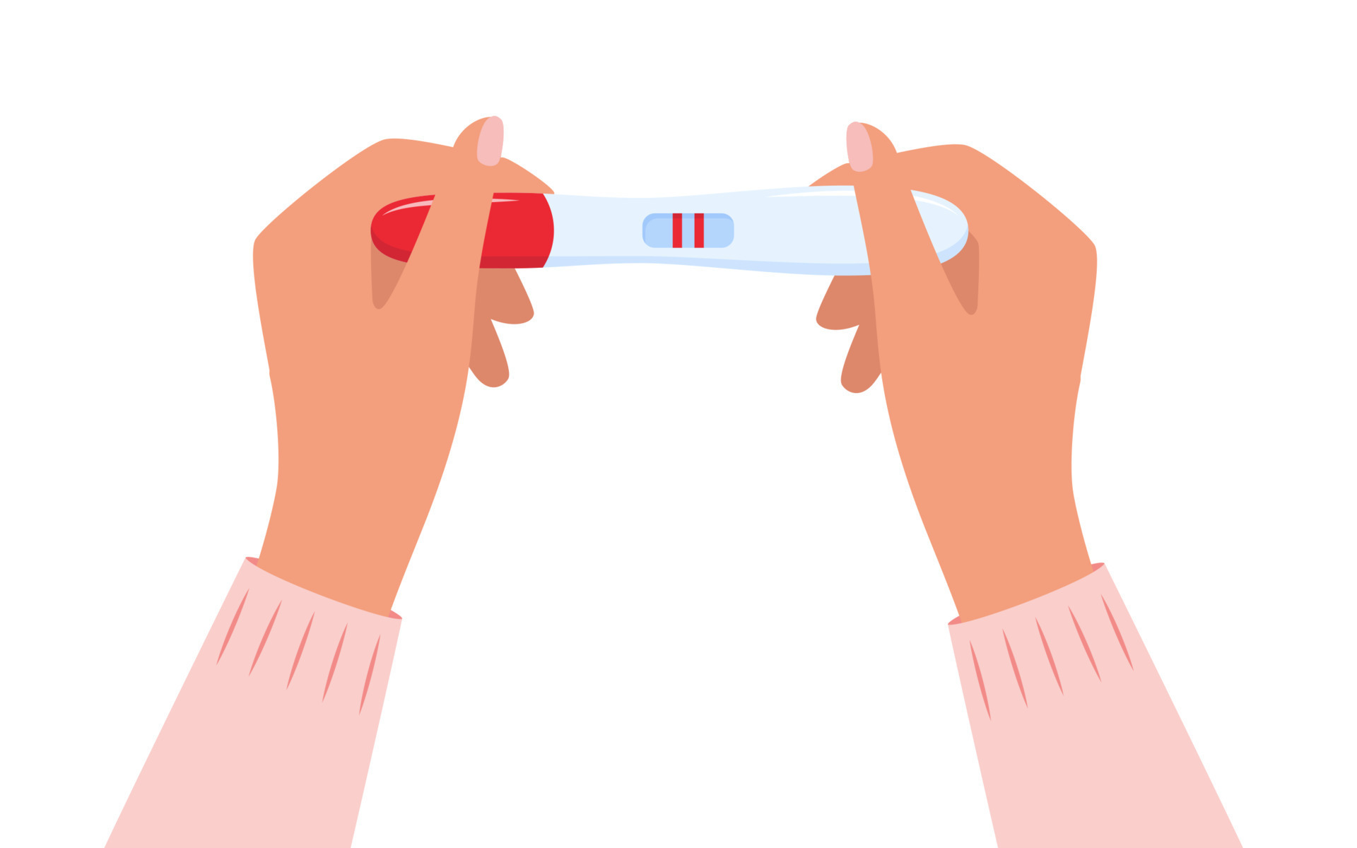 Pregnancy test with two lines in women's hands. Positive pregnancy test