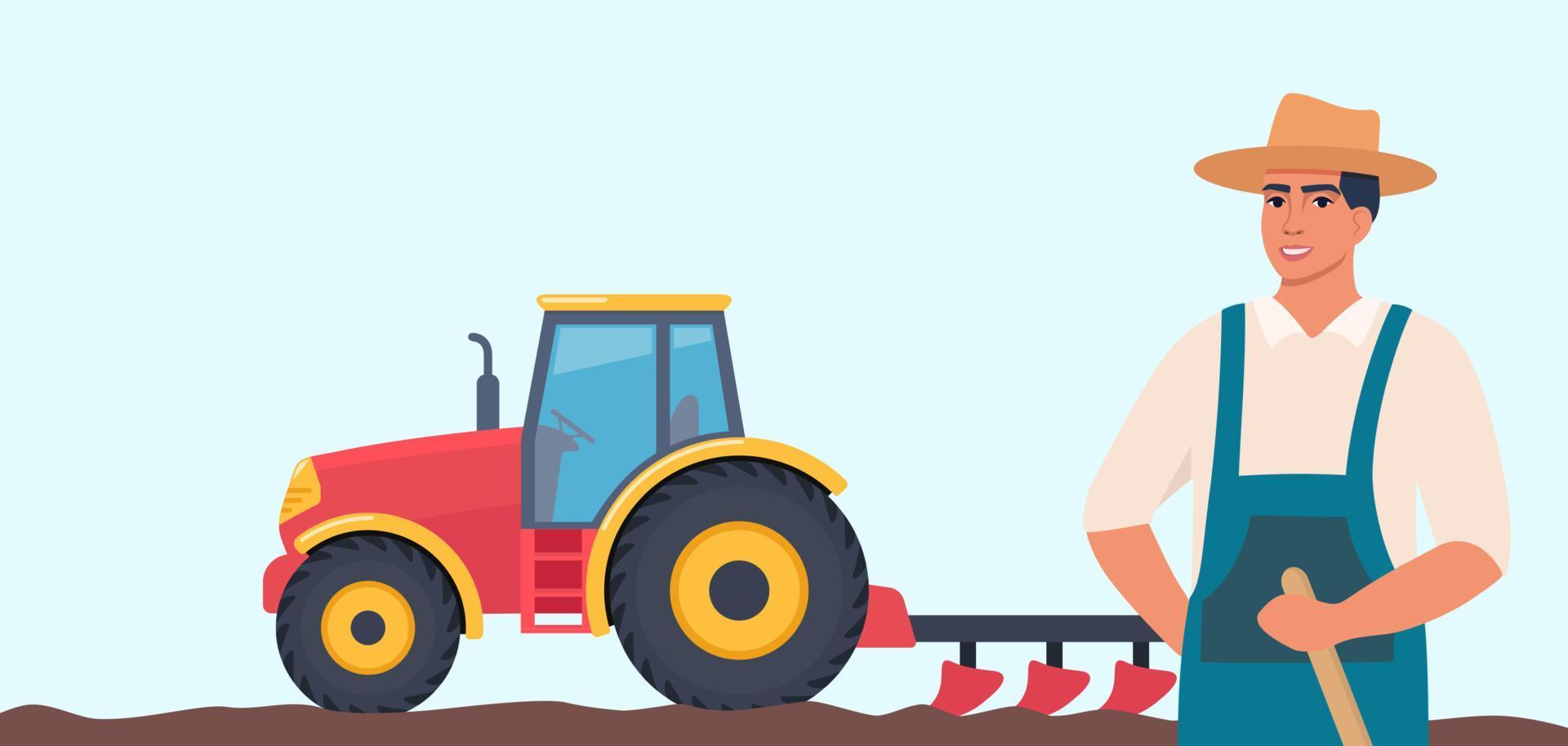 Tractor plowing the field and farmer stands in the foreground. Rural farm landscape. Agriculture concept. Farm Machine. Vector illustration.