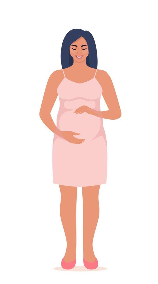 Happy young pregnant woman with big belly. Beautiful pregnant woman character. Girl expecting a baby. Maternity concept. Vector Illustration.