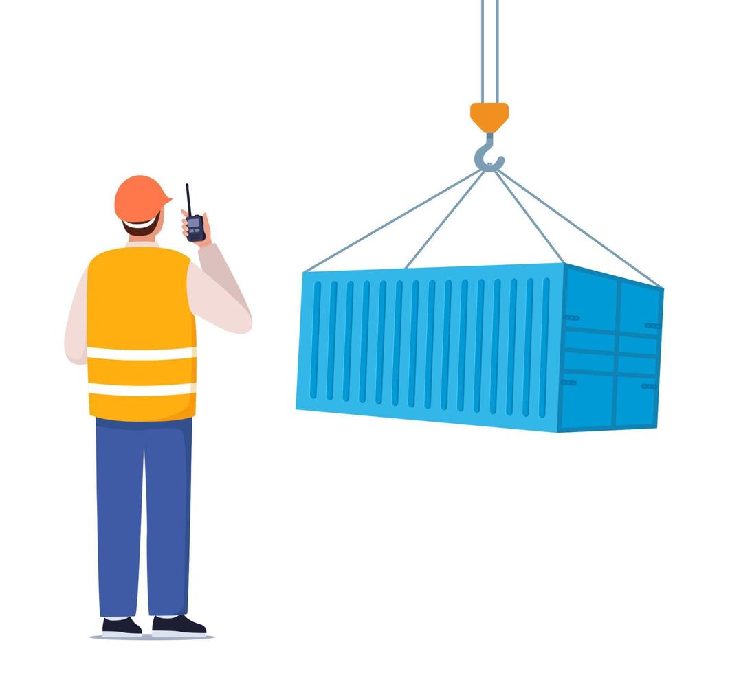 Dock worker. Loading freight container. Cargo shipping service. Warehouse male worker in hard hat with walkie talkie radio. Vector illustration.