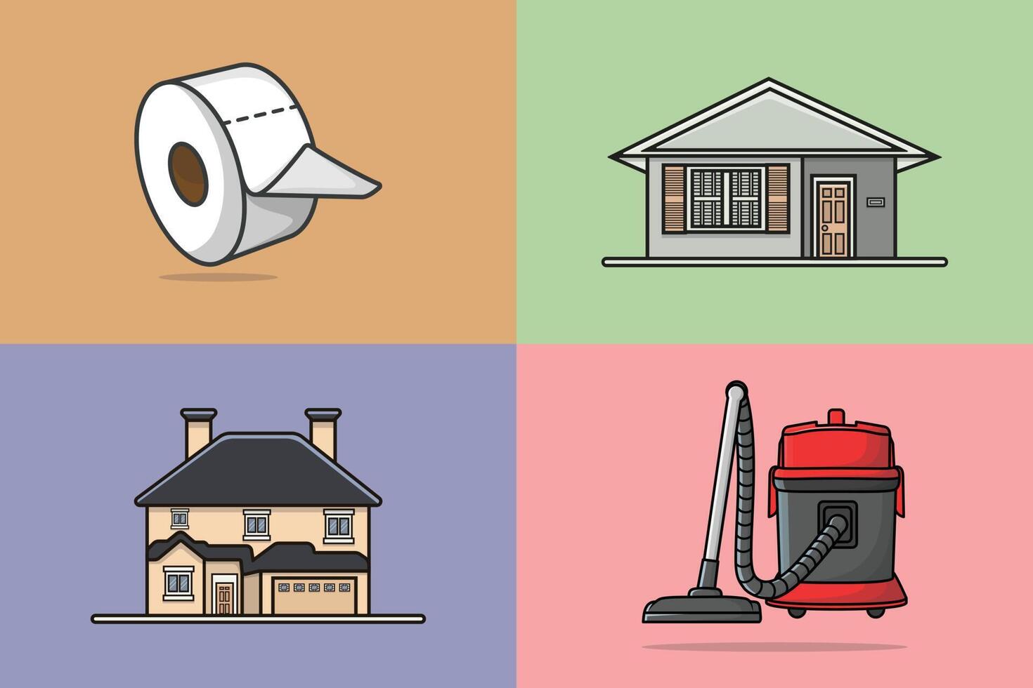 Home Interior Cleaning equipment icons collection vector illustration. Interior objects icon concept. Modern Building house, Home, Tissue and Vacuum Cleaner Machine set vector design with shadows.