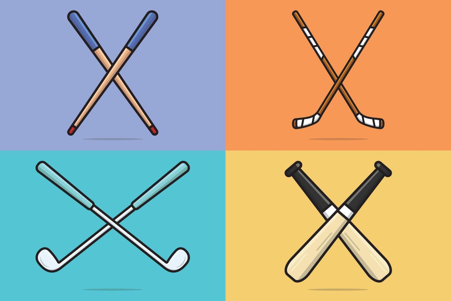 colección de ilustración de vector de palos de juego de deporte. concepto de icono de objeto deportivo. juego de palos de billar de madera, béisbol, palos de golf, palos de hockey en el diseño de vectores de signos cruzados con sombra.