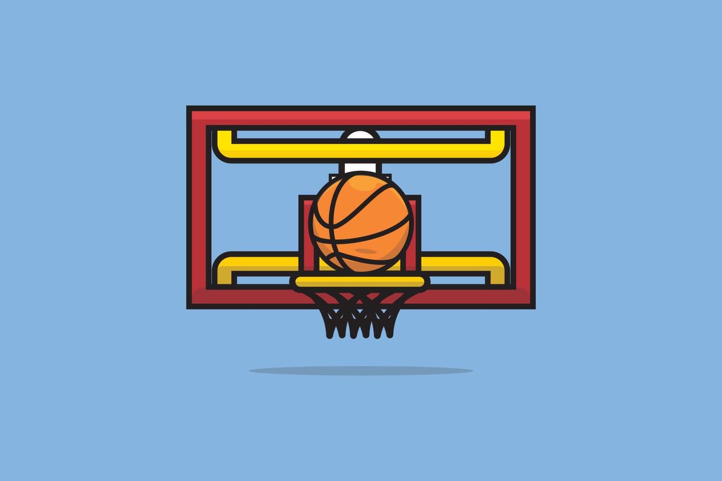 aro de baloncesto e ilustración vectorial de pelota. concepto de icono de objeto deportivo. Ilustración de vector de objetivo de red de baloncesto colorido. diseño vectorial de baloncesto redondo deportivo sobre fondo azul.