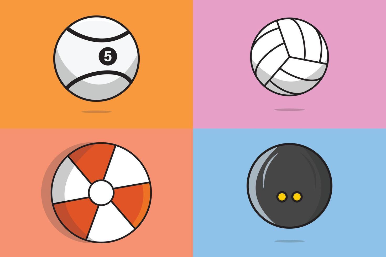 conjunto de ilustración de vector de elemento de equipo de juegos de deportes. concepto de icono de objetos deportivos. bola de billar, pelota de golf, bola de lanzamiento, diseño vectorial de colección de bolas de squash. amante de los deportes, ícono de símbolos deportivos.