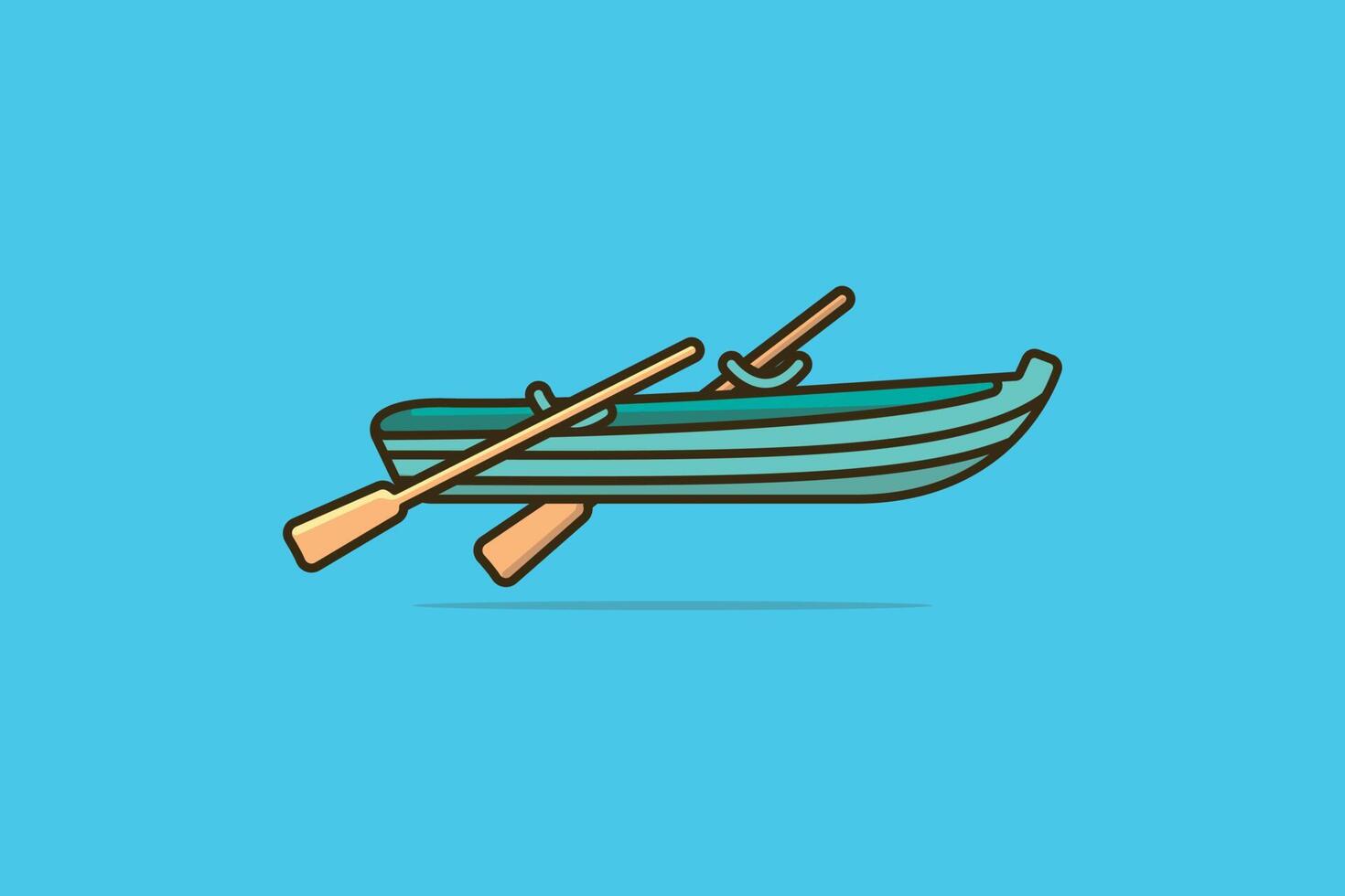 Empty Fishing Boat side view with Oars vector illustration. Water transportation object icon concept. Wooden Boat with Paddles for fishing vector design with shadow on blue background.