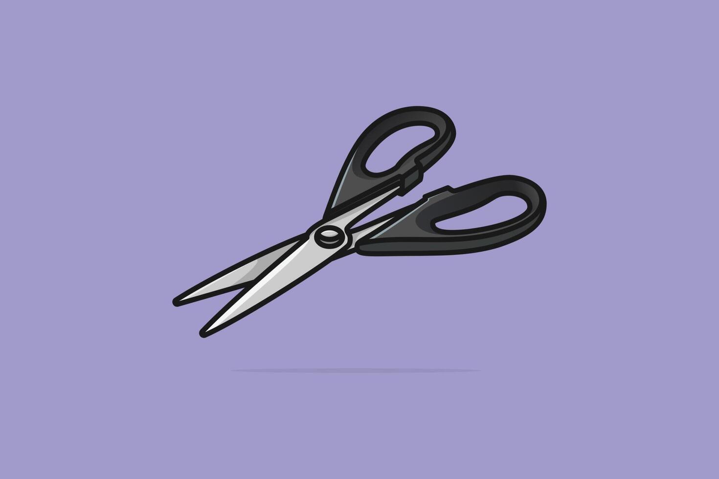 Metal Scissors with grey plastic handles vector illustration. Barber Shop and Gardening working tool icon concept. Sewing and fabric Scissors cutter vector design on purple background with shadow.