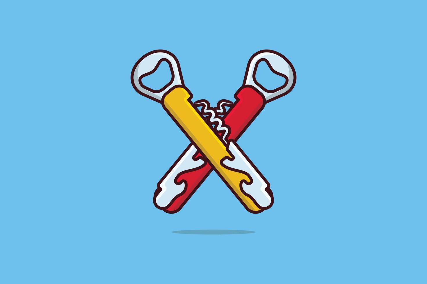 Bottle opener vector illustration. Shop objects icon concept. Two corkscrew in cross style vector design on blue background with shadow.