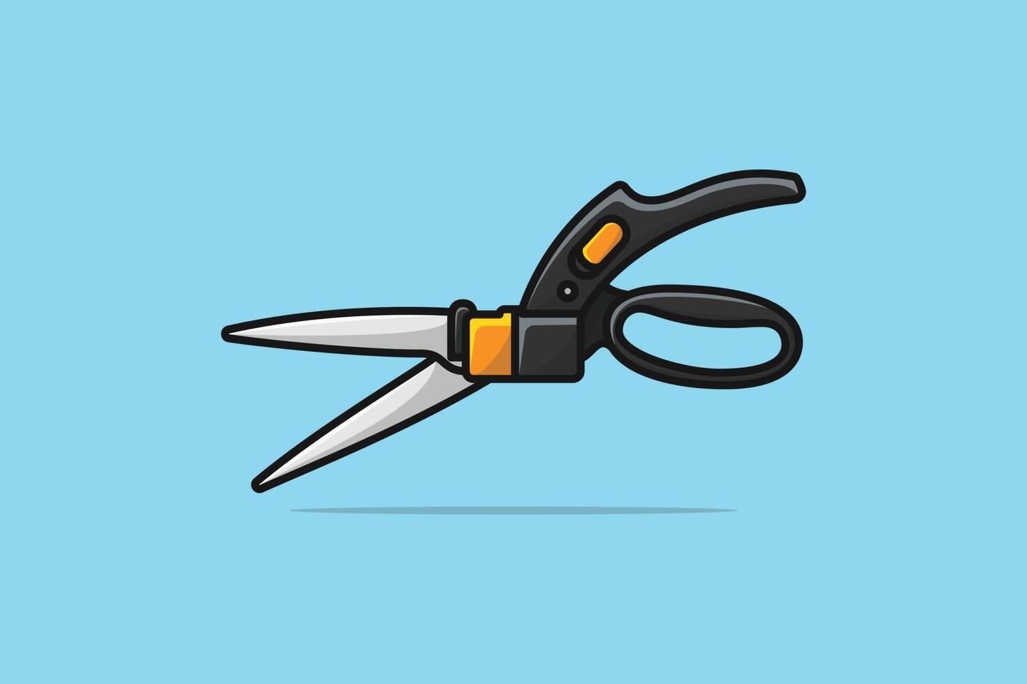 Metal Scissors with grey plastic handles vector illustration. Barber Shop and Gardening working tool icon concept. Sewing and fabric Scissors cutter vector design on blue background with shadow.