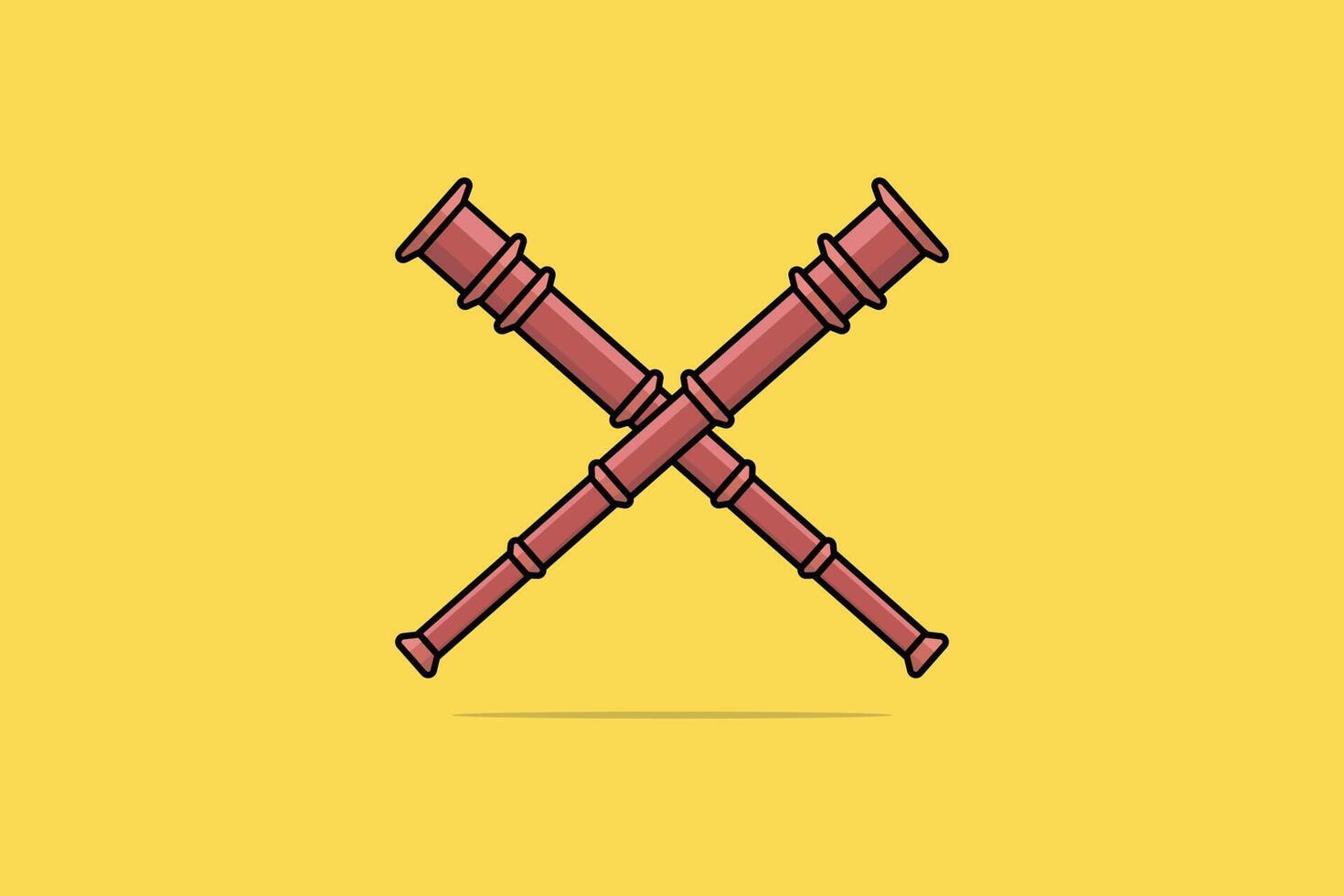 Ilustración de vector de lente de telescopio de catalejo. concepto de icono de objeto de tecnología. dos telescopios en diseño vectorial de signos cruzados sobre fondo amarillo con sombra. diseño de icono de objeto de instrumento de búsqueda.