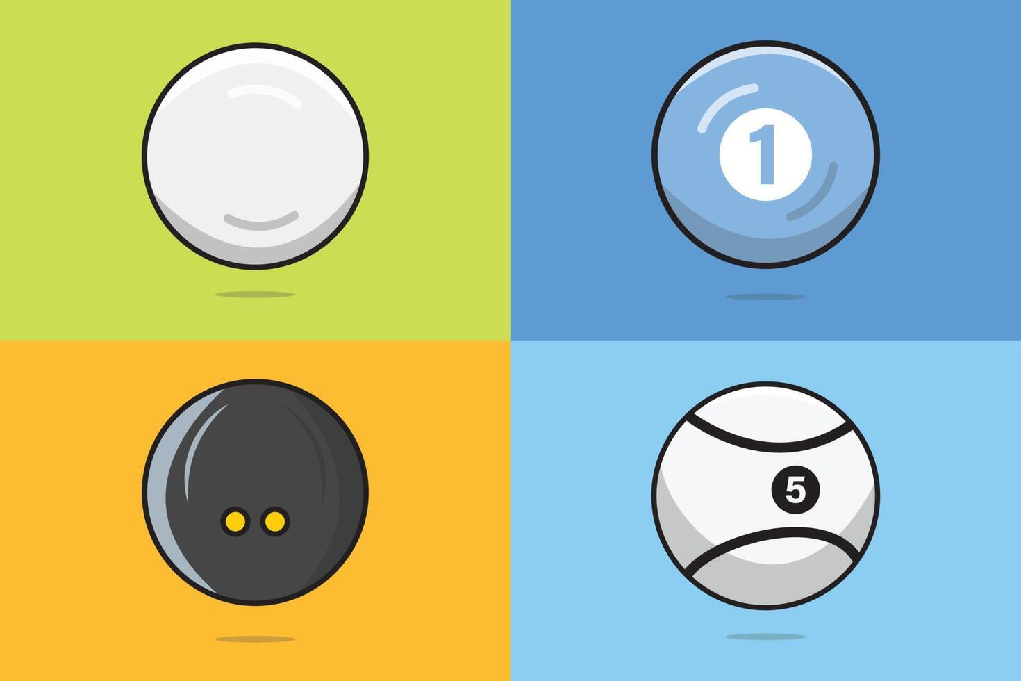 conjunto de ilustración de vector de elemento de equipo de juegos de deportes. concepto de icono de objetos deportivos. bola de billar, pelota de golf, bola de lanzamiento, diseño vectorial de colección de bolas de squash. amante de los deportes, ícono de símbolos deportivos.