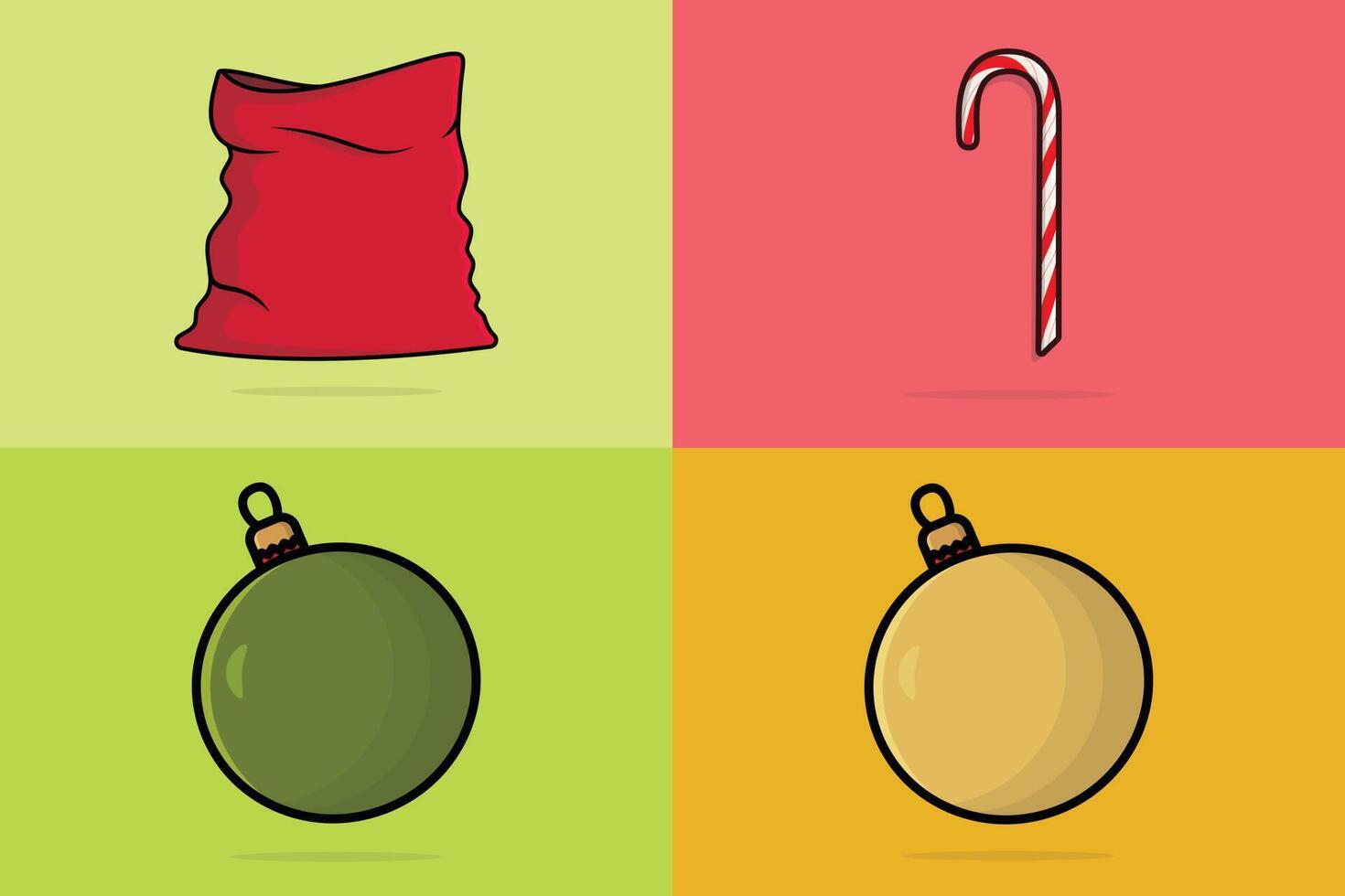 palos de bastón de caramelo dulce de navidad, bolsa roja de santa claus y adornos navideños bombillas de vidrio ilustración vectorial. concepto de icono de objetos de vacaciones. conjunto de iconos de símbolo de elementos de decoración de Navidad. vector