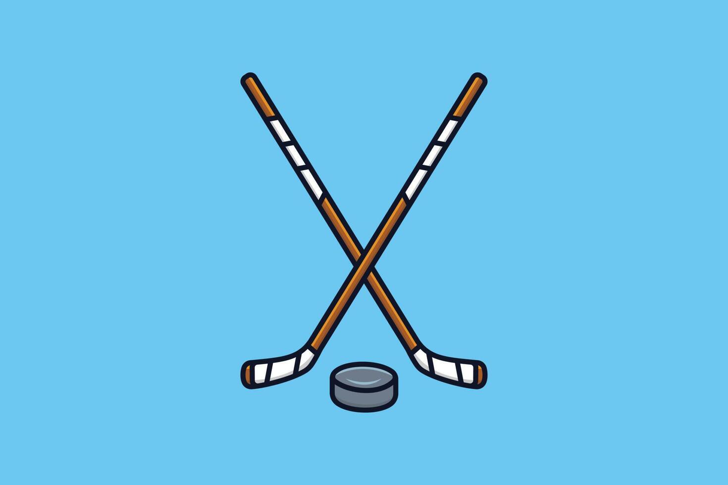 palos de hockey y disco de hockey en la ilustración de vector de signo cruzado. concepto de icono de objeto de hockey deportivo. diseño del logotipo del deporte de hockey. palos y diseño de icono de disco sobre fondo azul.