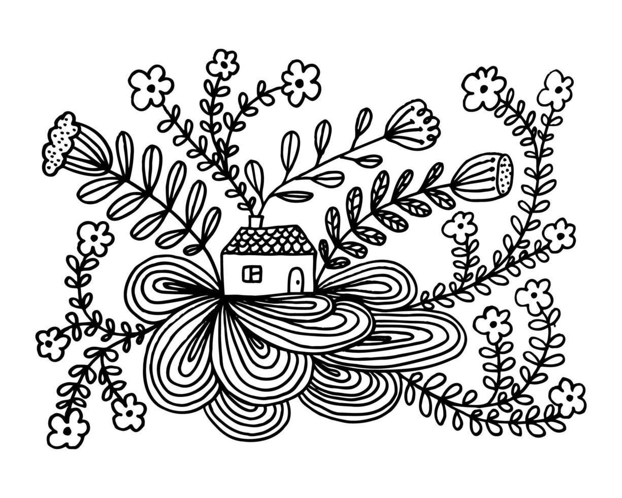Drawing a House in the style of Hand Drawn. Flowers and Home, the concept of Home comfort. Vector illustration.