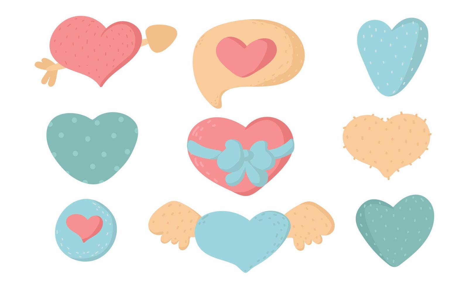 simbolos de amor corazones de fideos, colección de corazones de amor dibujados a mano. elementos planos de dibujos animados para el día de san valentín. vector