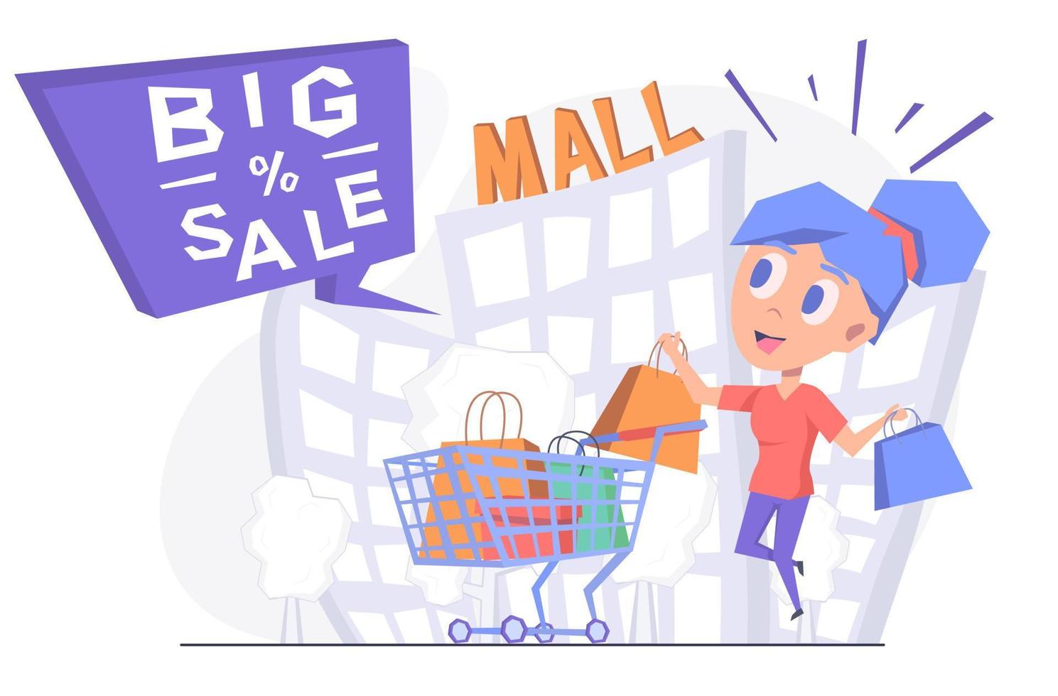 Sale. A girl is shopping at a sale in a mall, she has a cart and a lot of purchases. vector