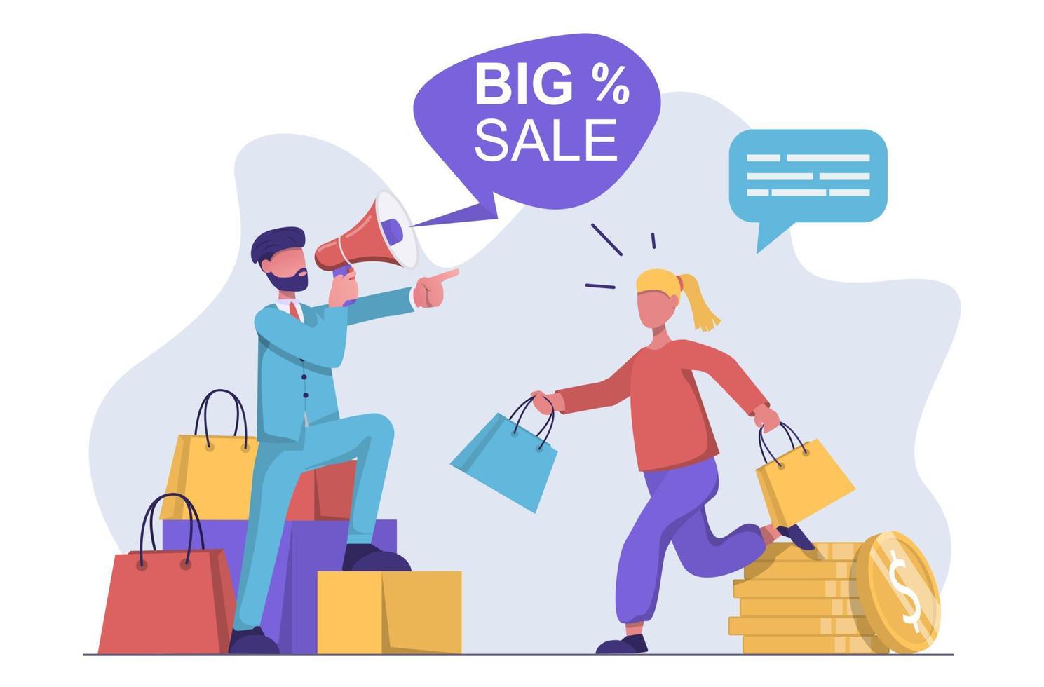A woman with her purchases runs to a man who announces a sale and discounts over the loudspeaker. Flat vector illustration.