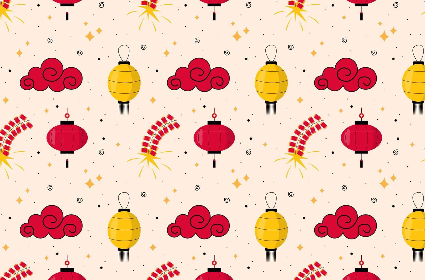 año Nuevo Chino. patrón con linternas chinas, fuegos artificiales y nubes vector