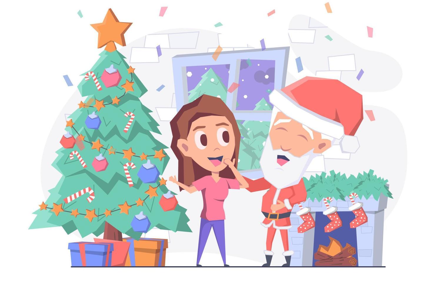 Girl meets Santa Claus by the fireplace, they laugh, Christmas tree behind them vector