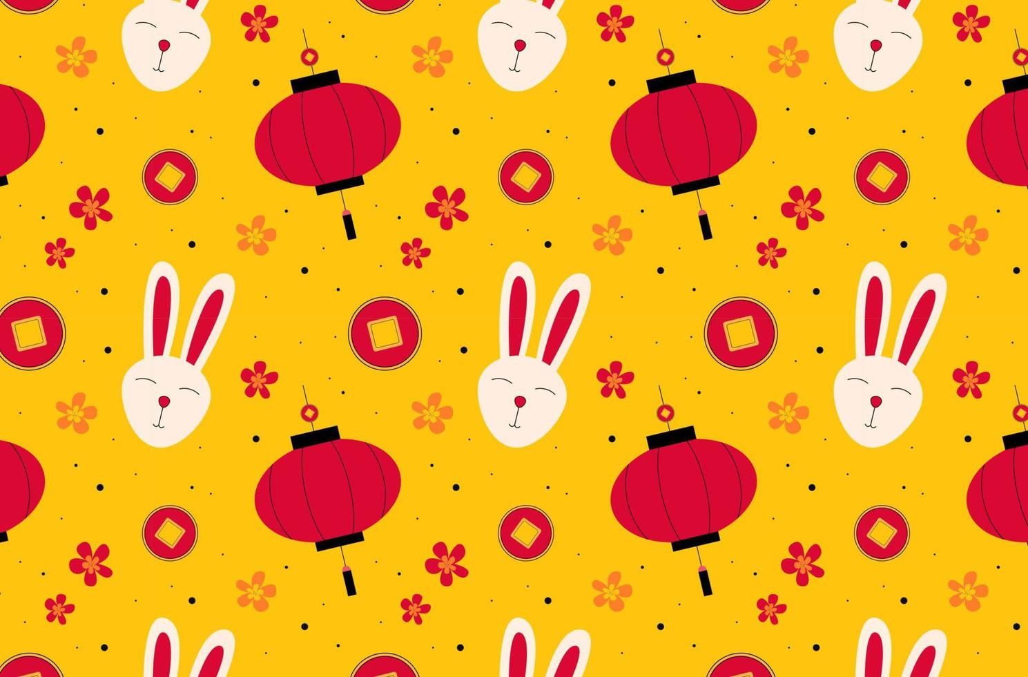 año Nuevo Chino. patrón con un conejo, linternas chinas, monedas y flores vector