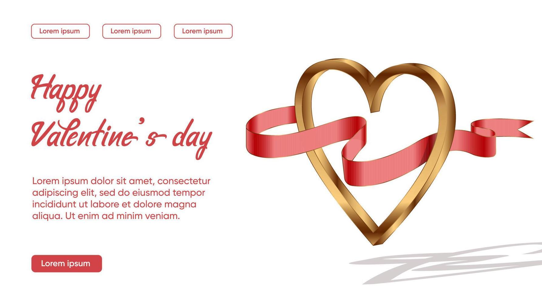 Valentine's Day. Lending. Metallic gold gradient heart with red ribbon vector