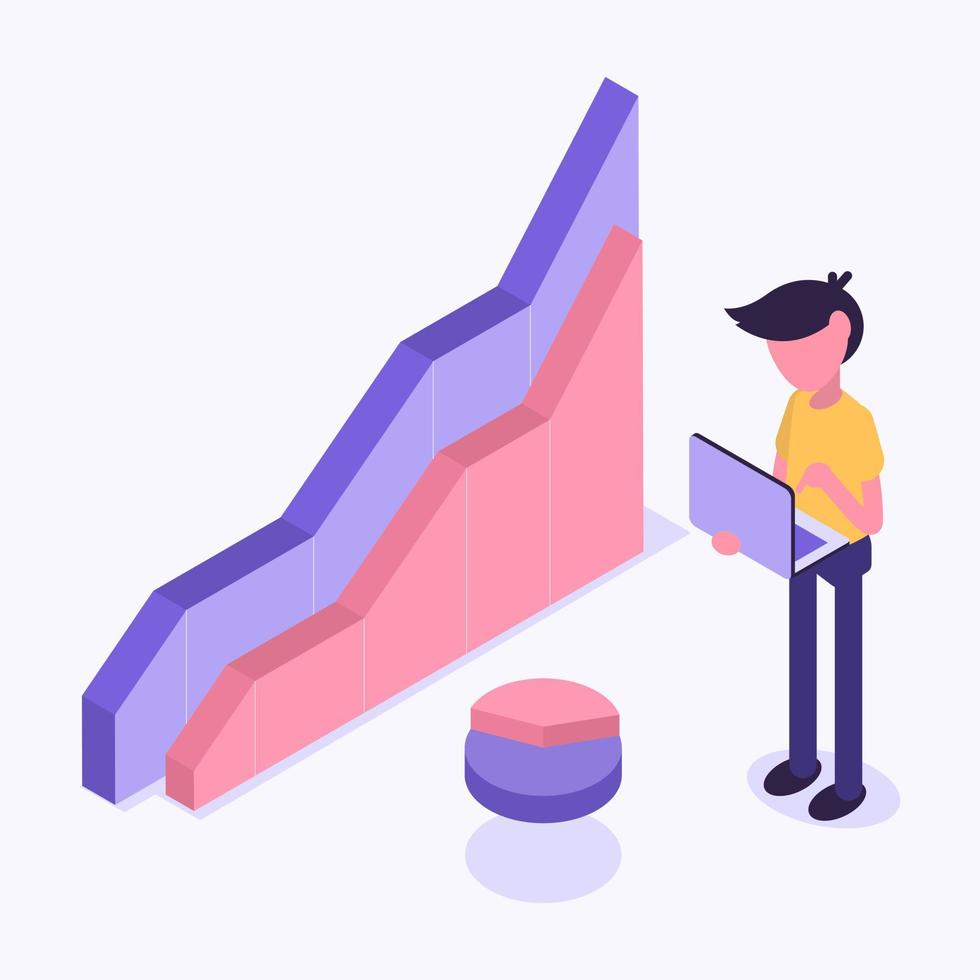 Business statistics. A man with a laptop stands next to a chart and performs a financial analysis of the data vector
