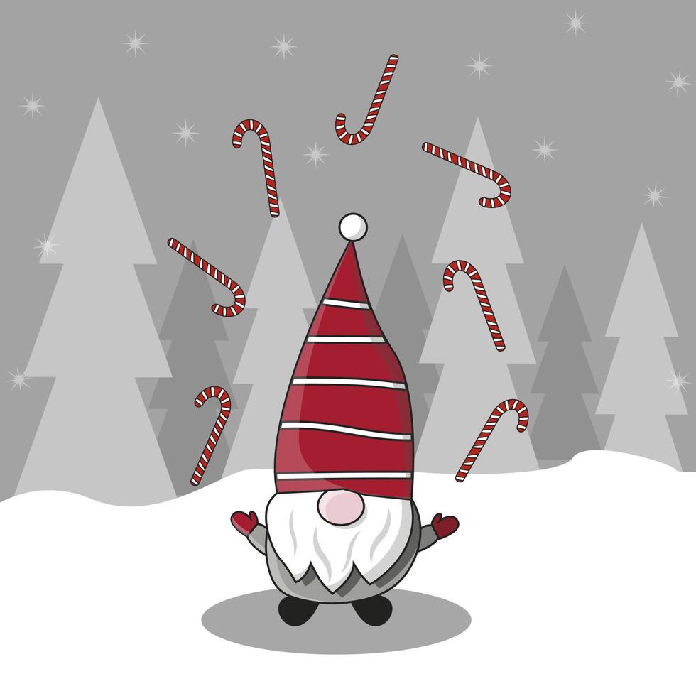 New Year. Christmas. santa claus elf juggles playing lollipops with new Year candies in the forest vector