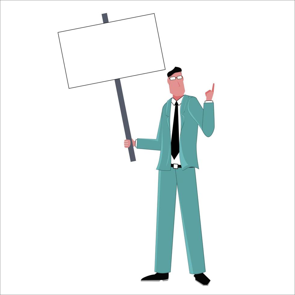 A businessman in a business suit is pointing with his finger and holding a blank sign or broadsheet above his head. Template for inscriptions. Flat vector illustration.