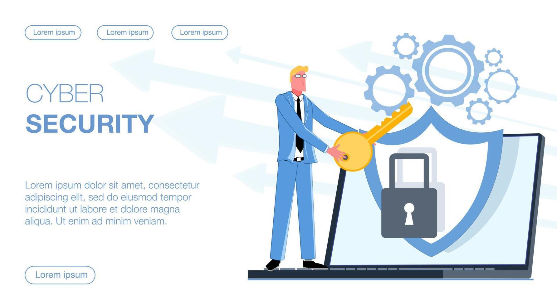 The businessman holds the key that opens the lock on the laptop with the data, which provides cyber security. There are gears in the background. Flat vector illustration.
