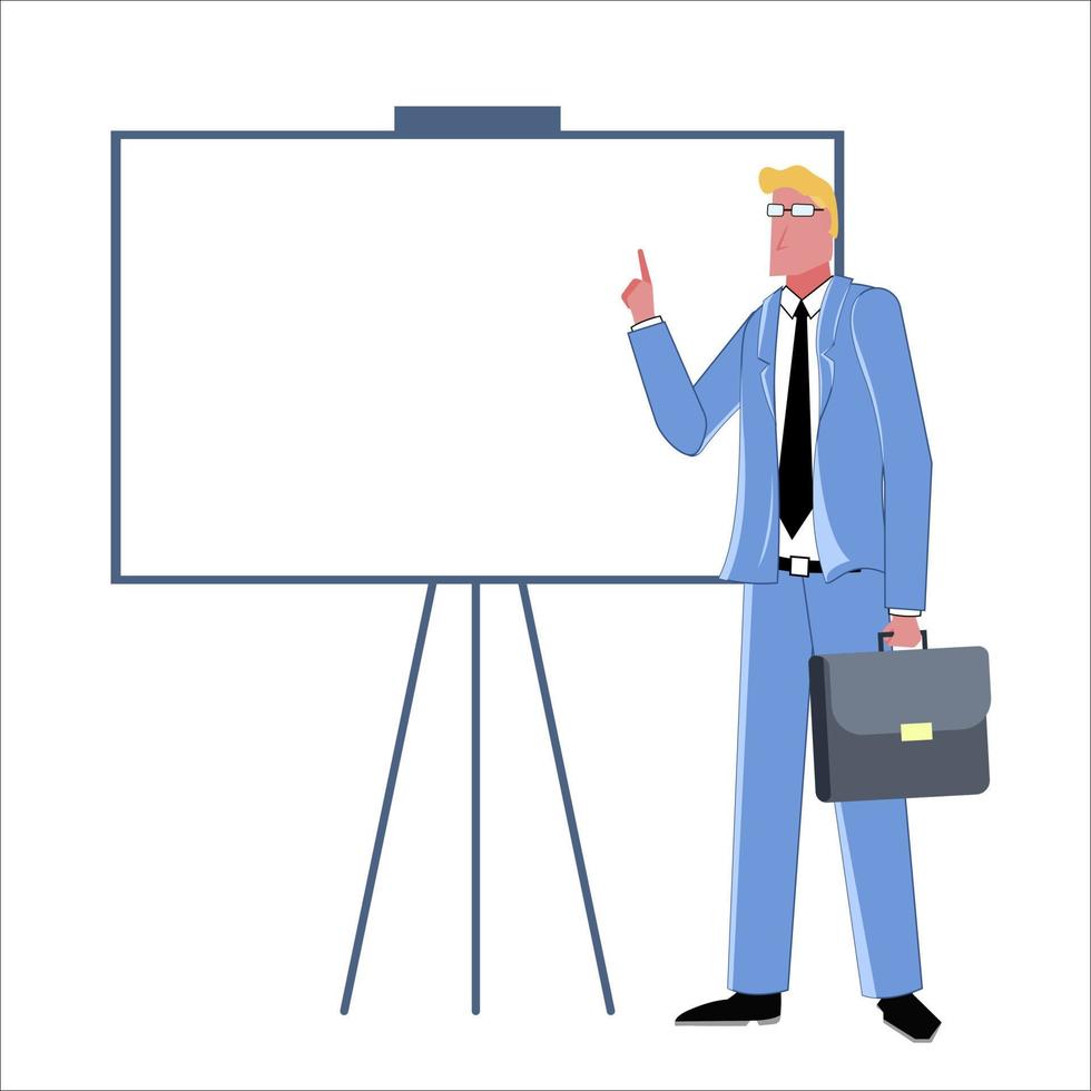 A businessman in a business suit with a briefcase stands next to an empty blackboard. Template for inscriptions. Flat vector illustration.