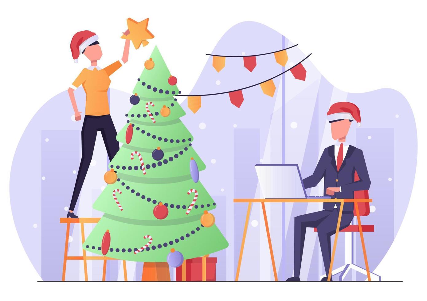 Businessmen in the office decorating the Christmas tree, New year atmosphere vector